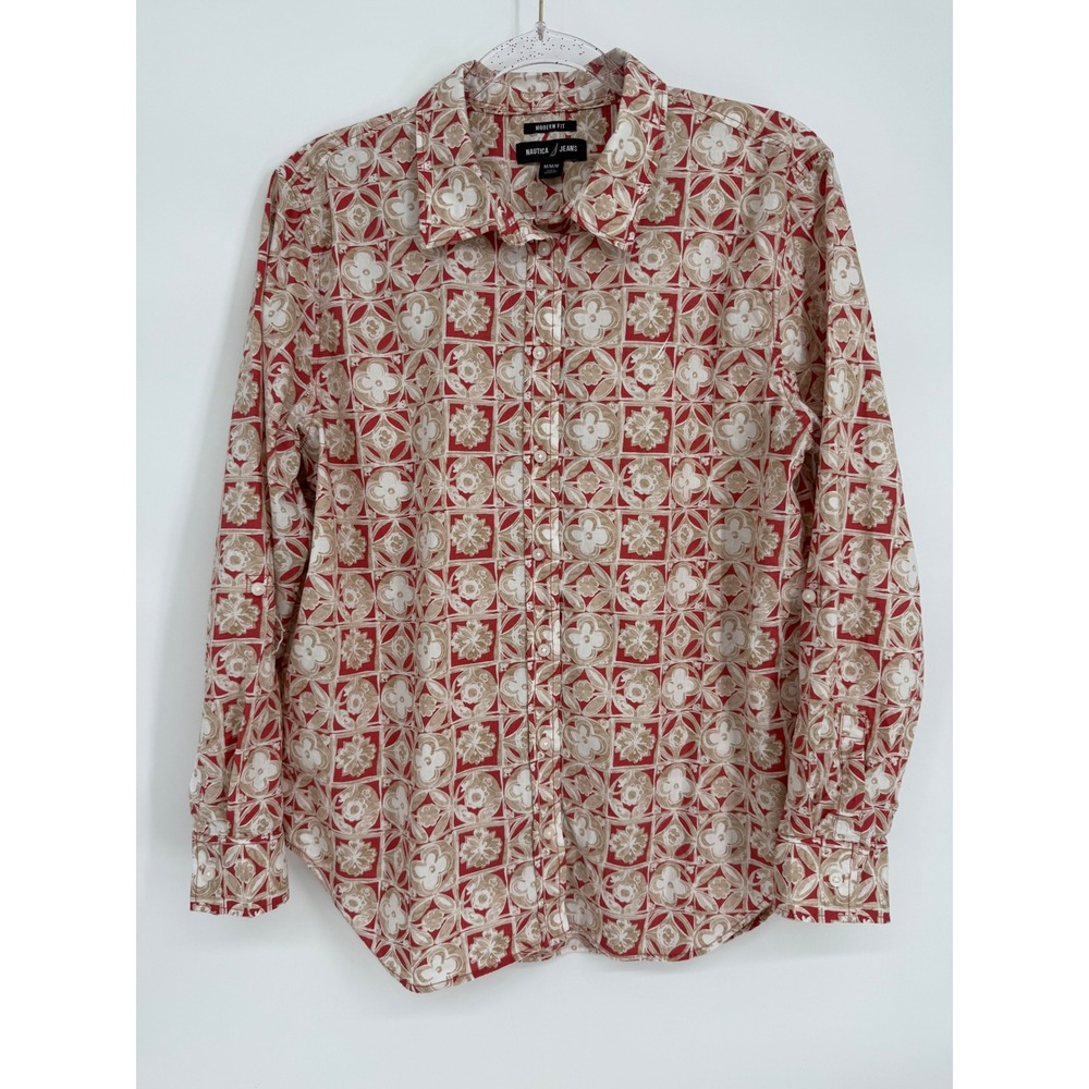 Nautica Jeans Mens Sz Medium Red Tan Geometric Floral Print Button Front Shirt